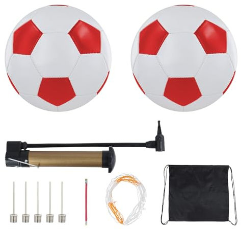 Nexhyp 2 Pack Kids Football Size 5 Premium Leather - Durable Soccer Ball and Pump for Boys Girls Adults, All-Weather Indoor Outdoor Football Training & Competition Use (Red White)