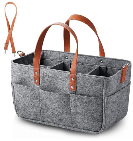 Anhow 30L Filztasche Einkaufstasche mit Fächern, Filztasche Einkaufskorb Shopper für Outdoor Trips, Picknick, Einkaufen, Aufbewahrung - Dunkelgrau/ 40x27x27 cm