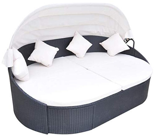 SDWEHO7 Balkonmöbel Outdoor Loungebett Gartensofa Rattan Sofa mit Schlaffunktion, Balkon Lounge Sofa Sonnenliege Gartenliege Entspannungsliege Doppelliege mit Dach, Schwarz 230 x 145 x 80 cm