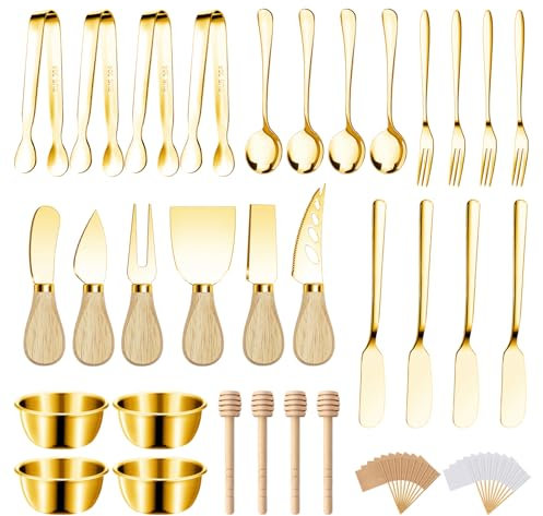 Charcuterie Boards Accessories Gold Charcuterie Utensils Cheese Butter Spreader Knife Set Small Serving Tongs Forks and Spoons Dipping Bowls Honey Dippers Toothpick Flags for Party Platter Appetizers