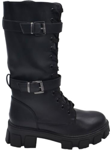 Stivali Anfibi Donna con Laccio Platform Fondo Alto 4,5 cm Altezza Ginocchio Doppia Fibbia Regolabile Zip Moda Tendenza (40 EU)