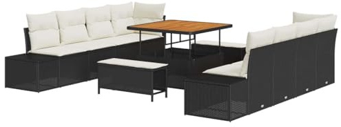 vidaXL Garten-Sofa-Set mit Kissen mit Kissen 11 pcs Schwarz und Creme, Outdoor Ecksofa Set, wetterfest, modulares Gartenlounge, modernes Terrassenmöbel, Sommer Sitzgelegenheit, Entspannung