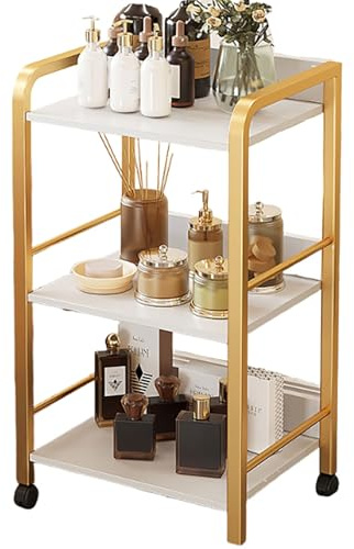 JingNian Friseurwagen Rollwagen mit Rollen Und Schubladen, Salon Trolley Mit Ablagen, Kosmetikwagen Arbeitswagen Weiß-Gold, Moderner Beistellwagen für Bad, Wohnzimmer, Büro, Beauty Salon(Gold)