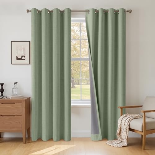 INOVADAY 100% Blackout Eyelet Curtains 2 Panels, 50 W x 84 L, Sage Green | Black Out Curtains for Living Room Bedroom, Thermal Insulated Linen-Look Curtains, Noise Reducing, OEKO, with Coating Layer