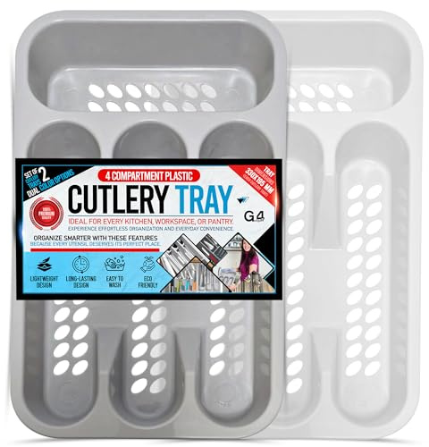 G4GADGET 4 Compartment Cutlery Drawer Organiser 2 Pack – Grey & White Plastic Utensil Tray for Knives, Forks, Spoons & Kitchen Tools – Durable Drawer Divider for Kitchen Storage & Organisation