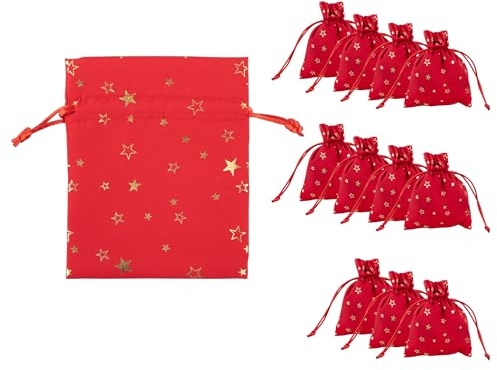 Idena 90422 - Stoffbeutel ca. 13 x 18 cm, 12 Stück, rote Säckchen mit Sternen-Motiv, Weihnachtssack mit Kordel, Geschenkbeutel für Weihnachten, Rot