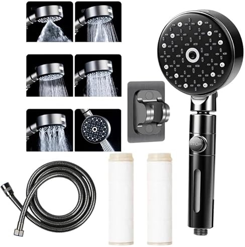 Vibrivio Hard Water Filter Shower Head, High Pressure Shower Head with One-Key Stop, 6 Spray Modes with 1.5m Shower Hose,Handheld Powerful Shower Head,Includes 2 Extra Filters + Holder, Gun Gray