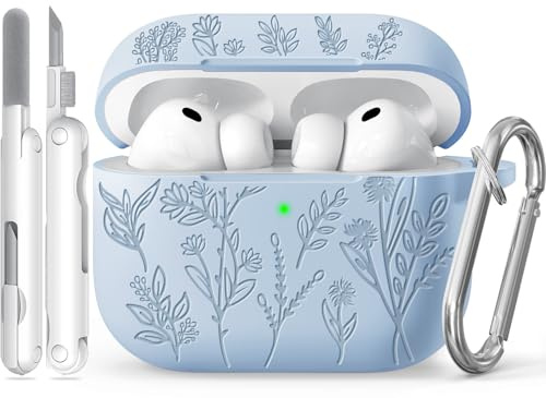 Joremx Silikon Niedliches Grasmuster Hülle (Hellblau-für AirPods Pro 3) | Case mit entzückendem lasergraviertem Pflanzenmuster, Damen & Mädchen Schutzhülle, inkl. Reinigungsset & Schlüsselanhänger