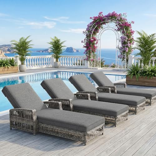 Jaxenor Sonnenliege aus Rattan(4 Sets), Gartenliegen mit Verstellbarer Rückenlehne, Sonneninsel mit Abnehmbarem Kissen, Outdoor-Liege, Wetterfeste Relaxsessel für Poolbereich, Balkone und Gärten, Grau