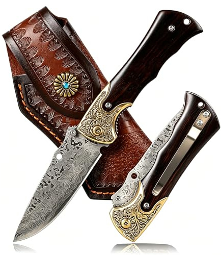 XEESHININ Damast Klappmesser EDC Taschenmesser Holzgriff Outdoor Messer | Hochwertige Damastklinge ergonomischem Holzgriff und robuster Verarbeitung für Camping, Wandern und Bushcraft