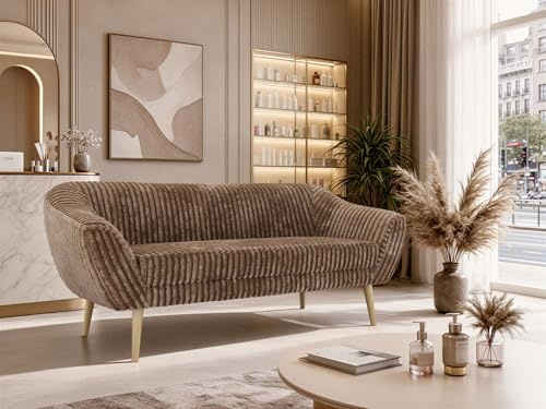 MKS MEBLE Sofa PIRS 3-Sitzer - Skandinavisches Design Couch, Gesteppte Polsterung, Wellenfederung, bequemes Polstersofa für Wohnzimmer - Buche Beine, Braun Cord