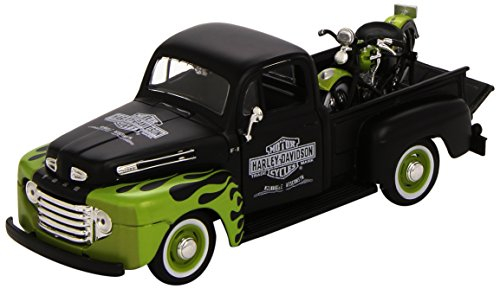 Maisto Ford F-1 Pickup ´48 + FL Panhead ´48: Originalgetreues Modellauto mit Motorrad 1:24, Türen zum Öffnen, Fertigmodell, 18 cm, schwarz-grün (532171)