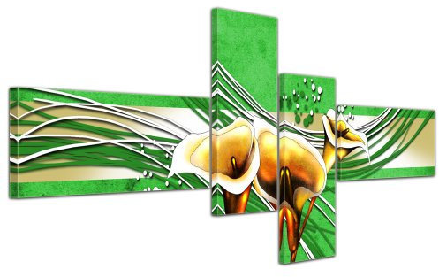 Wandbild - Abstrakte Kunst Calla - grün - Bild auf Leinwand - 140x65cm - 4teilig - Leinwandbilder - Urban & Graphic - Blume - Zierpflanze - Trauer - Blüte