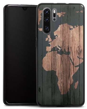 Silikon Hülle kompatibel mit Huawei P30 Pro Case schwarz Handyhülle Landkarte Holzoptik Weltkarte