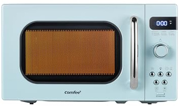 COMFEE' Horno microondas pequeño retro con tamaño compacto, 9 menús preestablecidos, tocadiscos con memoria de posición, función de silencio, microondas de encimera para espacios pequeños, 0.7 pies