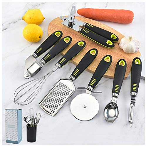 8 Pièces Ensemble D'ustensiles De Cuisine Essentiels Acier Inoxydable Gadgets De Cuisine Et Ensemble D'outils Avec Presse-Ail, Tire-Bouchon, Râpe, Roulette De Coupe-Pizza