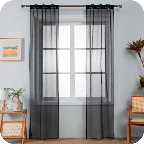 GIRASOLE HOME Coppia Tende Haiti Filtranti Simil Lino con Trama a Croci 2 Pannelli con Tasca e Passanti Nascosti (Nero, 70x240cm)