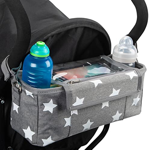 Kinderwagen Organizer, Buggy Organizer mit wasserfestem Regenschutz. Grau - weiße Sterne. OHNE Kinderwagen Clips. BTR