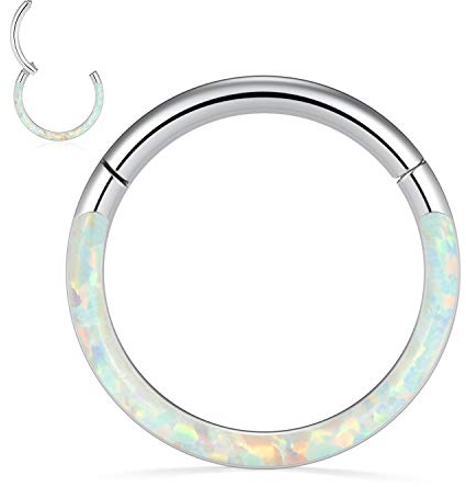 AROWRO Nasen Hoop Ring Septum Clicker Daith Helix Rook Ohrring Daith Schmuck Knorpel Conch Creolen Daith Piercing Schmuck Chirurgenstahl 316L 16G 7mm Weißer Opal Intarsien Silber