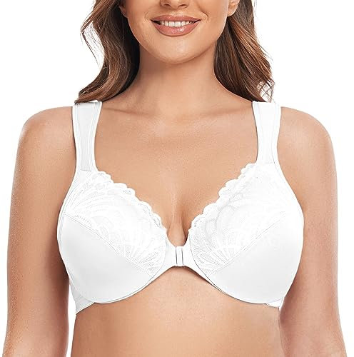 CASOLACE Women's Sexy Lace Plus Size Underwired Unlined Front Fastening Bras White 38E
