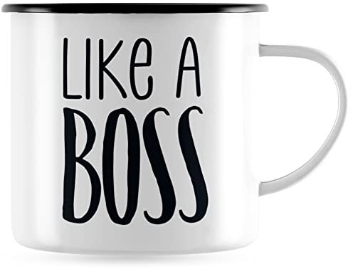 JUNIWORDS Emaille-Tasse, LIKE A BOSS, Schwarzer Tassenrand