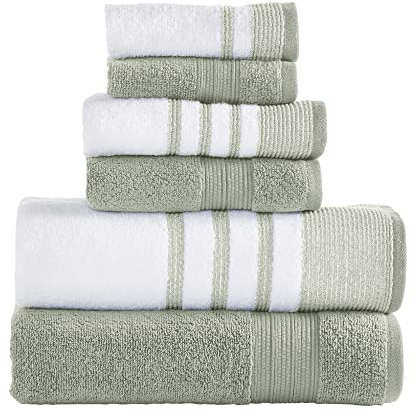 Modern Threads 6 Piece Set, 2 Bath Towels, 2 Hand Towels, 2 Washcloths, Quick Dry White/Contrast Reinhart Sage
