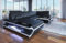 Wohnlandschaft Napoli U Form Sofa in Leder mit LED-Beleuchtung Ledersofa mit Kopfstützen (Ottomane Links, Schwarz-Weiß)