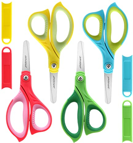 JARVISTAR kinderschere kleinkind Schere Schule: 4 Stück Sicherheitsschere Rostfreier Stahl Gerundete Klingen mit Schutzhülle Bastelschere Papierschere fuer Grundschule 13cm (Grün/Blau/Gelb/Rot)