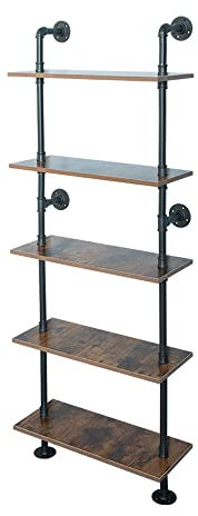 5 Shelf Industrial Pipe Shelving, Black Modern Bookcase Bookshelf, Wall Mount Ladder Shelf with Metal Frame Display Shelf