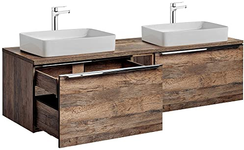 Lomadox Badezimmermöbel Doppel Waschtisch Unterschrank Set 160cm, Vintage Oak Eiche, 2 Keramik-Aufsatz Waschbecken, 4 Softclose-Schubkästen