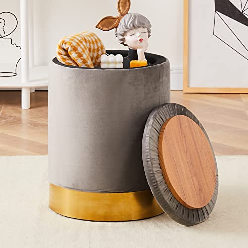 Mxfurhawa Velvet 23Qt Storage Ottoman Multipurpose Footrest Stool with Metal Base Modern Round Vanity Stool Chair Ottoman Foot Stools Support 300lbs Padded Seat for Living Room & Bedroom (Gery)