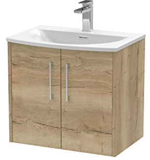 Hudson Reed JNU1823G Juno Modern Bathroom Wall Hung 2-Door Vanity with Curved Ceramic Basin, 600mm, Woodgrain Autumn Oak