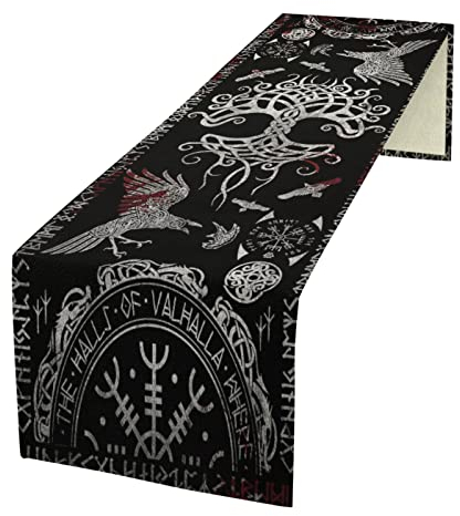 kikomia Baumwolle Leinen Tischläufer Rechteckige Wikinger Rabe Baum des Lebens Tischdecke für Hochzeit Urlaub Heimdekoration Wikinger Dekorativ Abdeckung Tischplatte (33×91cm, Blood)