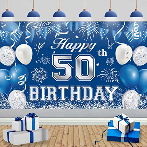 TUTUXMA 50th Birthday Decoration Banner, Blue Silver Backdrop Banner Photo Booth Sign Decorations, Extra Large Fifty Background Anniversary Party Supplies (bsbb-07)