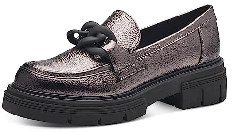 MARCO TOZZI Damen Loafer mit Plateau aus Kunstleder mit Kette, Silber (Pewter), 39