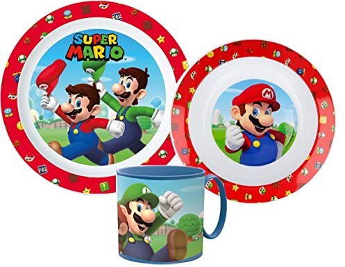 Mario Cartoon Character Dinner Tableware Set 3pcs Plate, Bowl & Mug, BPA Free re-usable Plastic Microwave Safe (Mario)