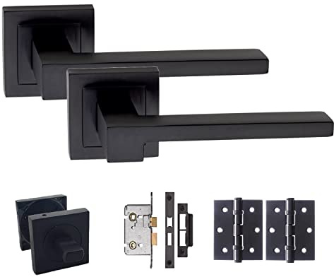 Golden Grace Zeta Lever Door Handle Bathroom Lock Set, Matt, Bathroom Set | Includes 3 ball bearing hinges, a 64mm mortise lock, thumbturn, spindle, and screws for complete, hassle-free installation
