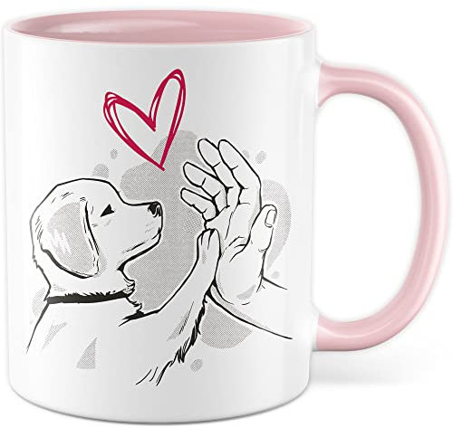 Tasse à café pour chien et homme - Idée cadeau - Cadeau pour homme et femme - Papa à quatre pattes - Tasse à café avec motif chien - Tasse à café - Tasse à thé - Main et patte (blanc/rose)