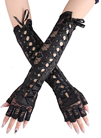 Prosy Schwarz Schnürung Fingerlose Handschuhe Lange Ellbogen Handschuhe für Kostüm Party Schnürung Arm Warmer für Frauen und Mädchen (Schwarz)