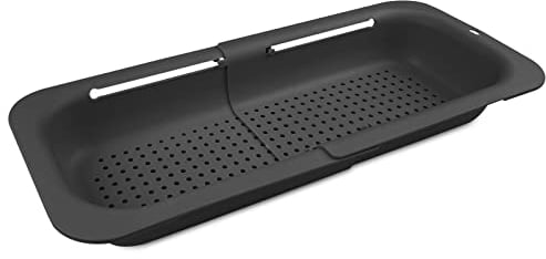 Fousenuk Colador Sobre el Fregadero (36-49cm), Escurridor Fregadero de Cocina, Cesta de Filtro Extensible con Agujeros, Bandeja de Filtro Para Escurrir Pasta Cocida, Lavar Verduras y Frutas (Negro)
