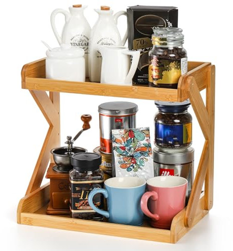AVLA 2-Tier Coffee Station Organizer, Bamboo Kitchen Counter Shelf, Countertop Spice Condiment Rack Syrup Storage Holder, Tea Station Stand for Coffee Bar Accessories, Office, Home, Desktop