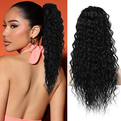 FLUFYMOOZ Ponytail Extension Pferdeschwanz Verlängerung, 56 cm Pferdeschwanz Haarverlängerung im Bohemian-Stil mit Kordelzug für Frauen, langer gelockter gewellter Pferdeschwanz(Naturschwarz)