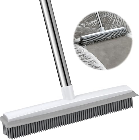 Balai en Caoutchouc à Long Manche de 130 cm, Rubber Broom avec Raclette Intégrée, pour Enlever Les Poils d'animaux de Compagnie, pour Les Sols, Les Tapis, Les Carreaux, Les Fenêtres et Le Jardin