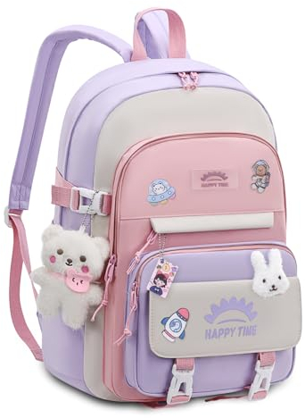 Tanou Cartable Fille Primaire, 20 Litres Sac a Dos Fille Cartable Kawaii avec Pendentif, Sacs Scolaires Léger et Imperméable en Nylon pour Enfants de 8 à 14 ans, Violet