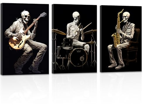 ZXHYWYM Lustige Leinwandbilder 3 teilig Skelett mit Musikinstrument Poster Drucke abstrakte Totenkopf Gemälde Gothic Halloween Wanddekoration (Bild-2, (30.00 x 40.00 cms x 3 Teilig))