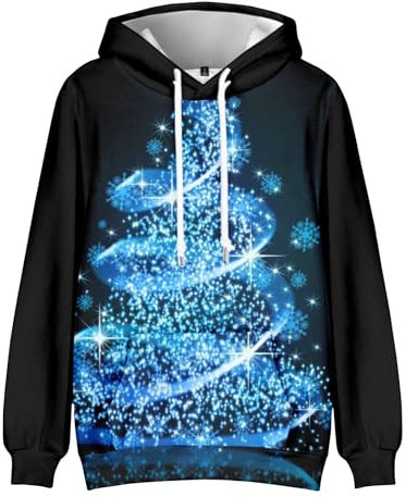 Generisch Oversized Hoodie Herren, Weihnachtspullover Herren Mit Kapuze Weihnachten Bedruckt Sweatshirt Casual Fashion Sports Sweatshirt Lustige Hässliche Weihnachtspulli Beleuchtung (XXL, Blau)
