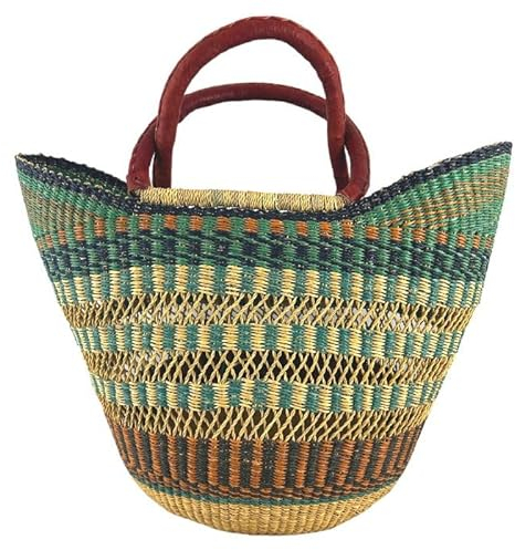 Bolga Tasche XXL - Das Original aus Ghana - Bunt - Fair Trade - Oval - Viele Farben - Afrikanische Korbtasche mit Ledergriff - Flechttasche 40-45 cm - Einkaustasche mit Wunschdesign (Anloga)