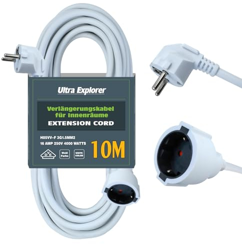Ultra Explorer IP44 Verlängerungskabel 10 Meter - PVC Stomkabel für den Innenbereich - Gegen Überhitzung Steckdose H05VV-F 3G1.5mm² - 16A 250V - Weiß