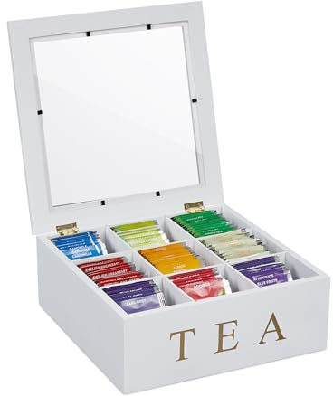 Relaxdays Caja Té, 9 Compartimentos, Organizador Infusiones, Bambú, con Ventana, 9 x 23,5 x 23,5 cm, Blanco/Dorado