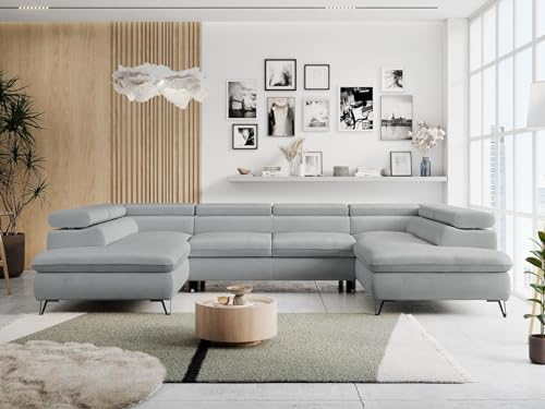 MKS MEBLE Sofa U-Form Grau, Wohnlandschaft U-Form, Sofa mit Schlaffunktion und Bettkasten, Schlafsofa mit Bettkasten, Couch mit Verstellbare Kopfstützen - Peter U - Hellgrau Velvet